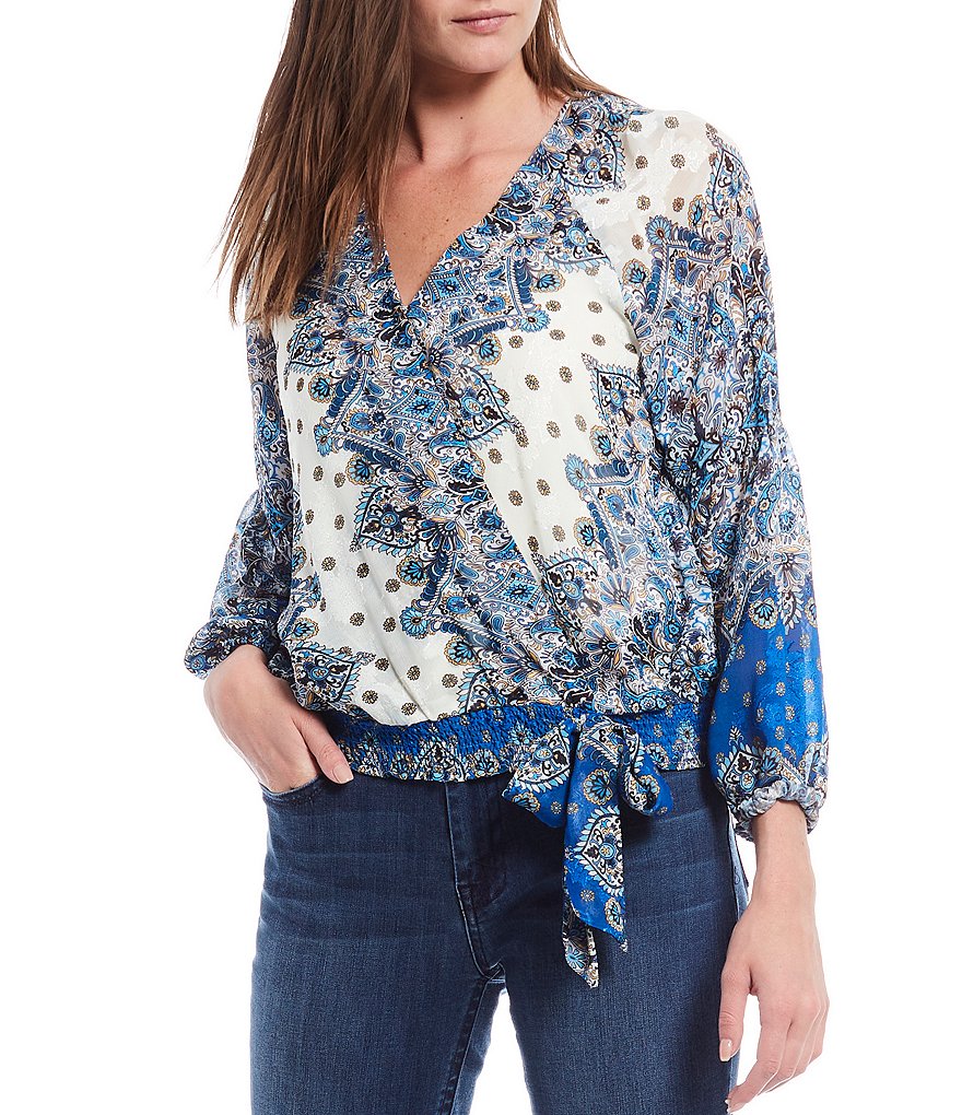 Reba Surplice V-Neck Long Sleeve Smocked Hem Tile Print Faux Wrap Top
