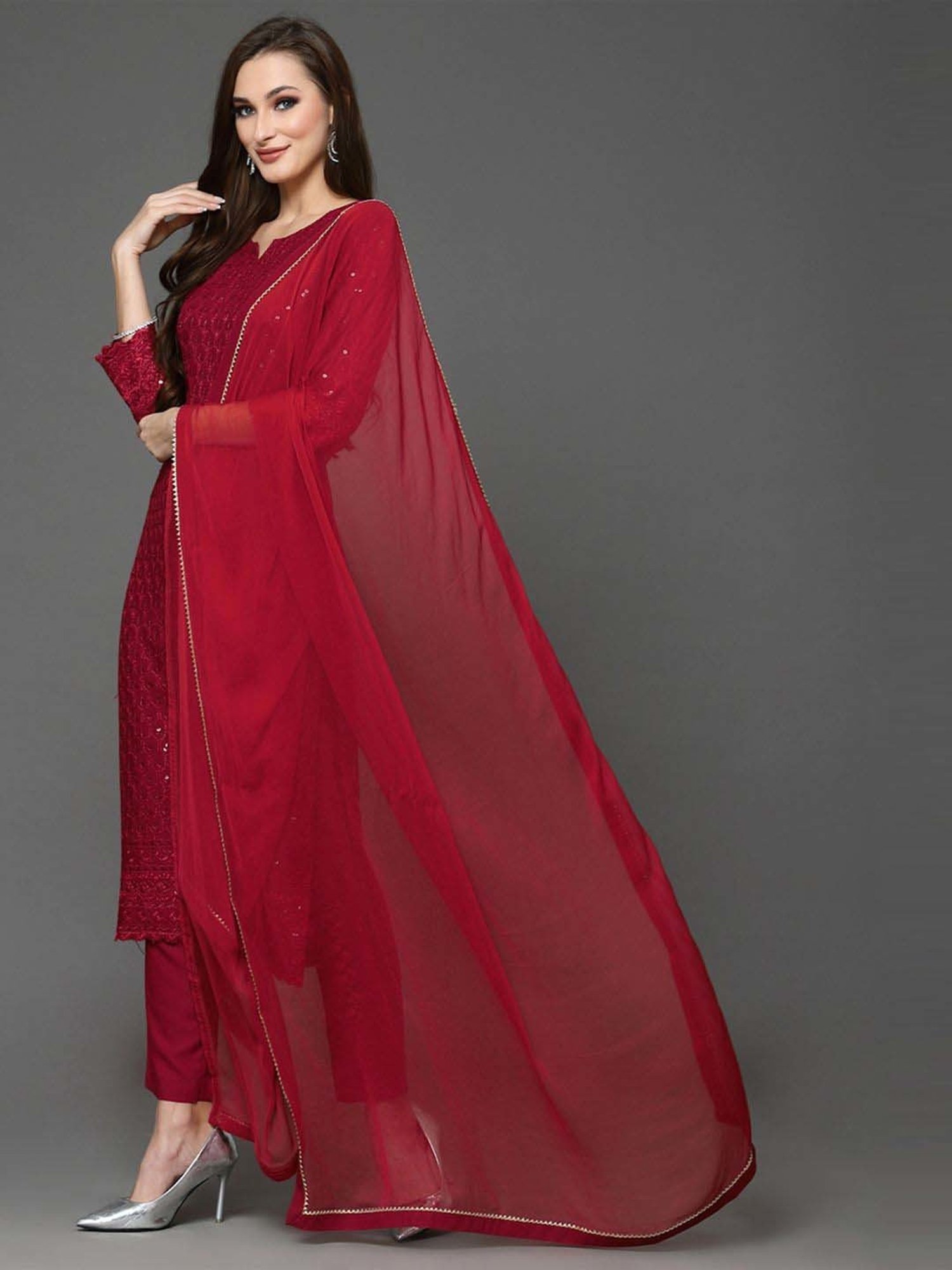 Skylee Maroon Embroidered Kurta Pant Set With Dupatta