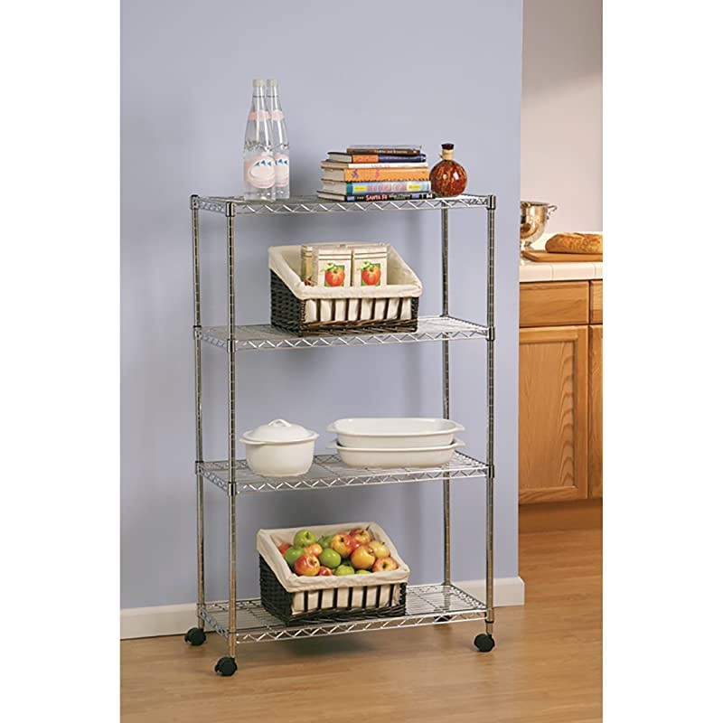 4-Tier Steel Wire Shelving with Wheels, 30" W x 14" D x 48" H, Plated