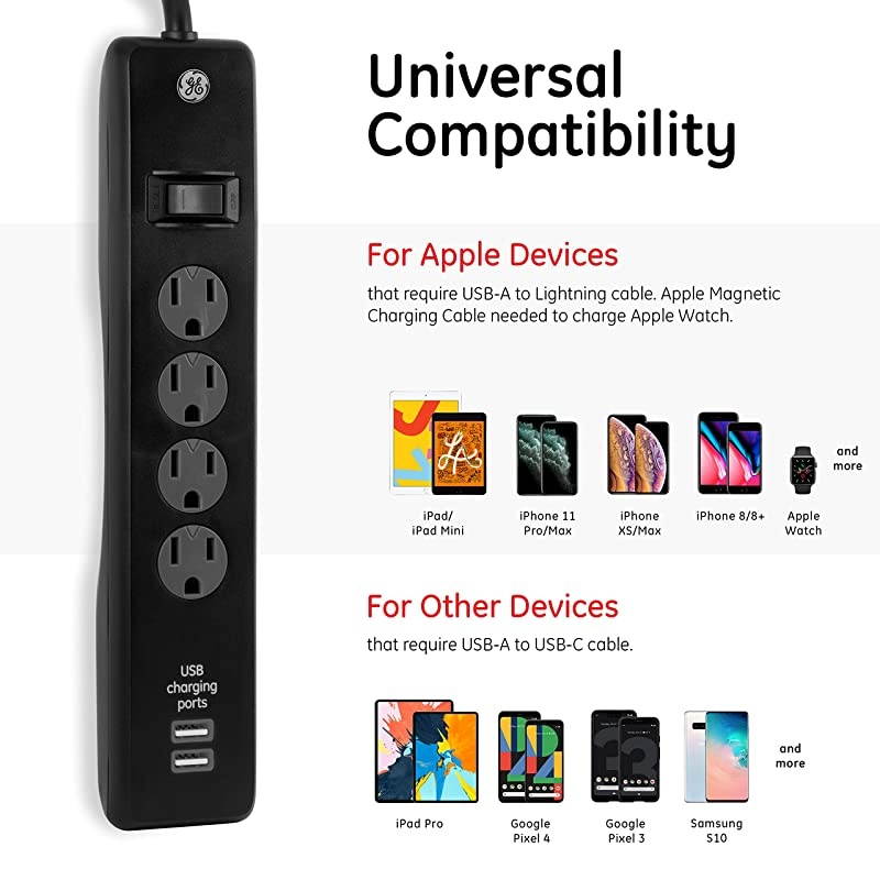 4 Outlet 2 USB Port Power Strip Sur Protector 3ft Power Cord Black 36189P1