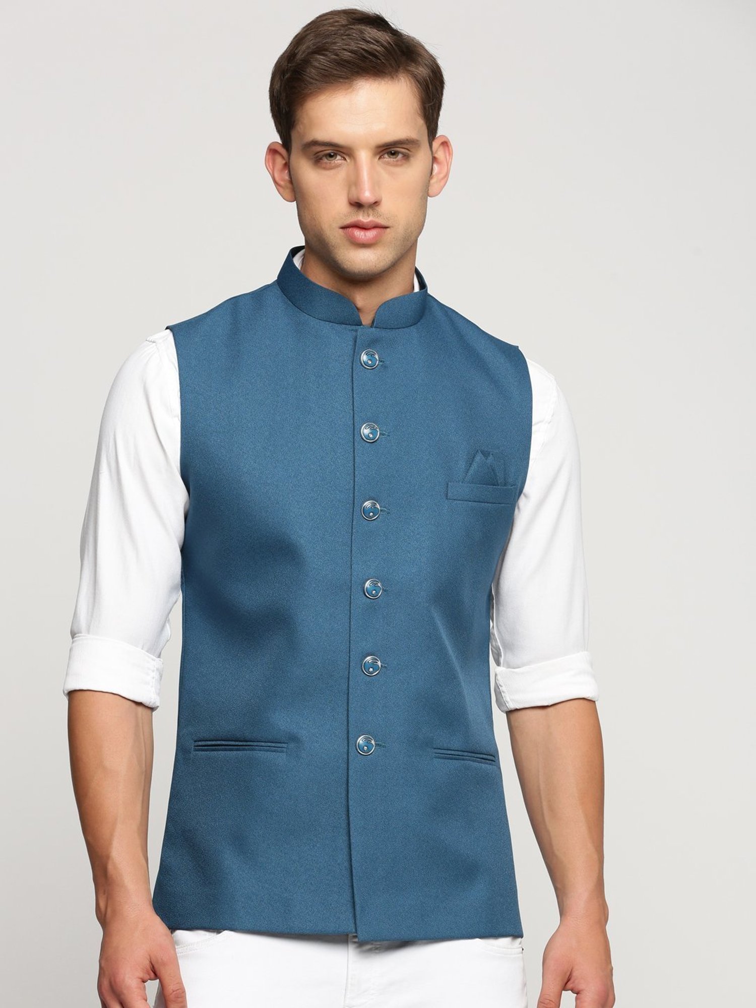 VASTRAMAY Teal Green Regular Fit Printed Nehru Jacket