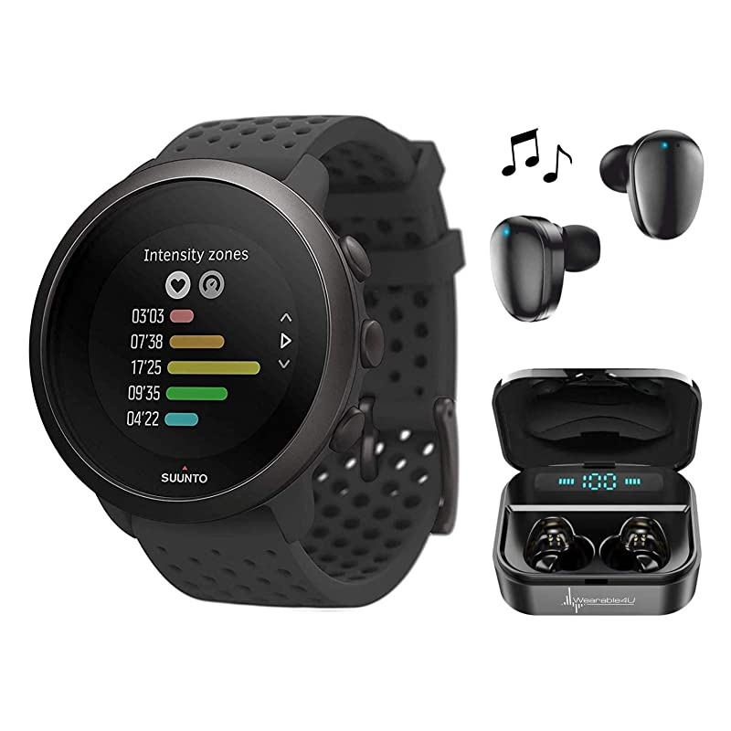 Suunto 3 New Edition Fitness Tracker Multisport Watch with Heart Rate Monitor, All Black with  Earbuds Power Bundle