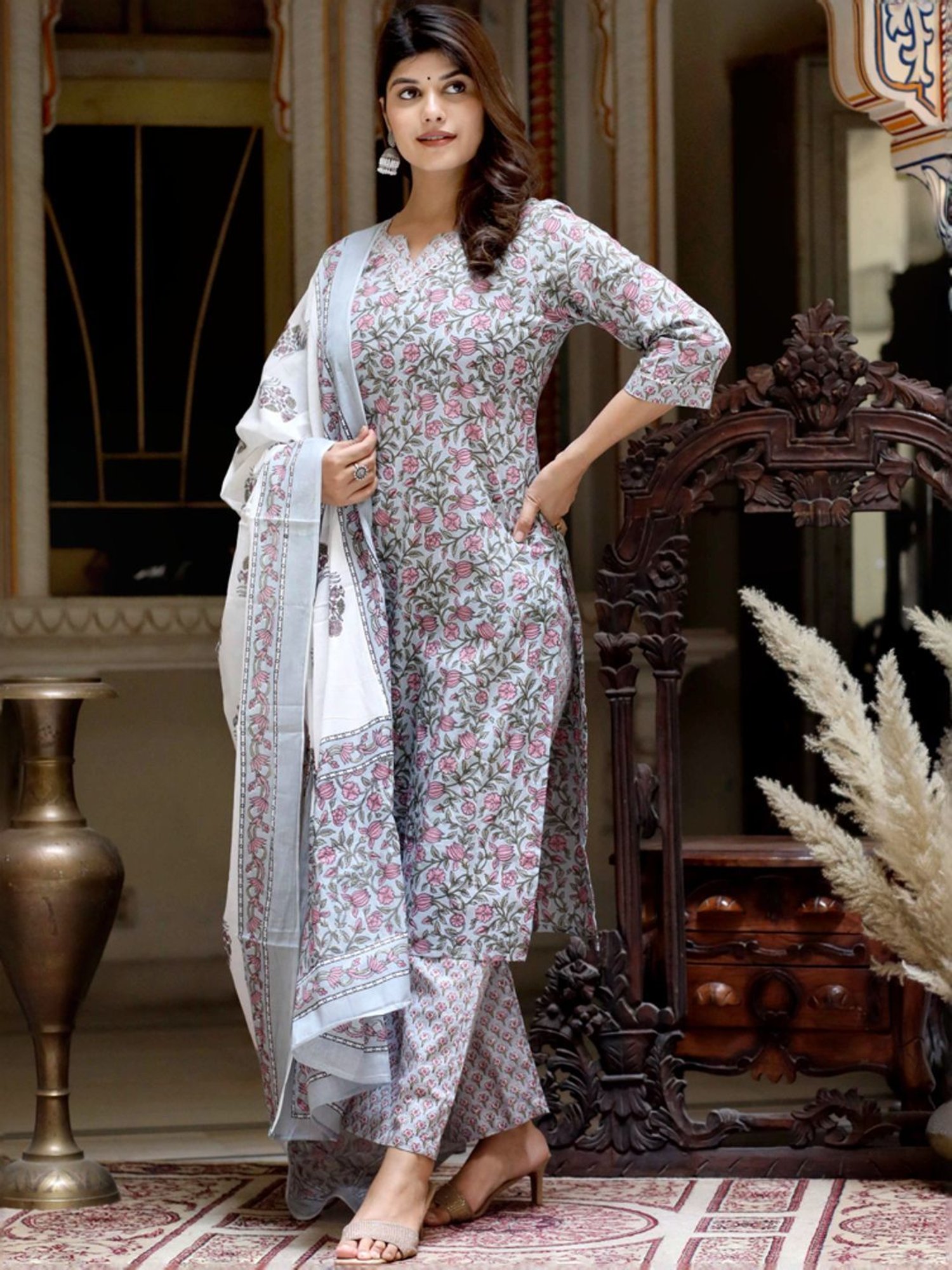 Miravan Blue Cotton Floral Print Kurta Palazzo Set With Dupatta