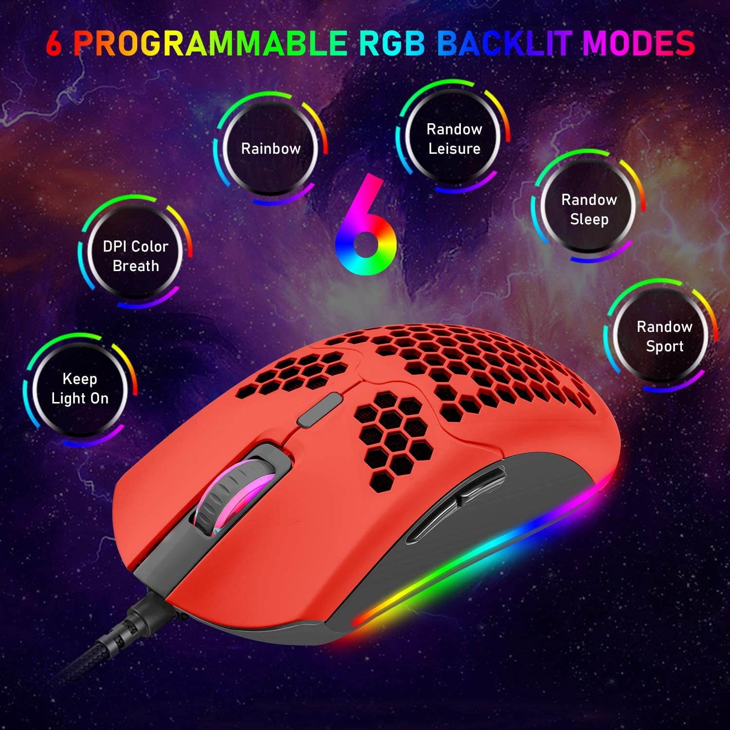 Wired Lightweight Gaming Mouse  6400DPI Backlit Mice with 7 Buttons Programmable DriverUltralight Honeycomb Shell Ultraweave Cable Mouse for PC Gamers and Xbox and PS4 Users(Red)