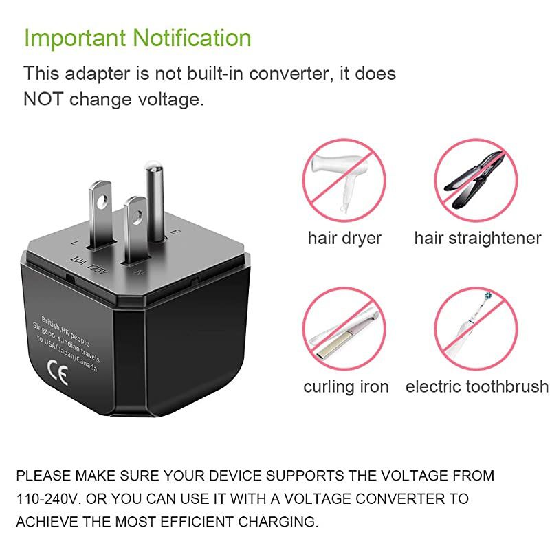 Canada Japan Thailand Travel Plug Adapter by IKITS Convert Australia China New Zealand to Socket Type B Compact amp Safe Universal Grounded Pin International Charger Plug Adaptor Black