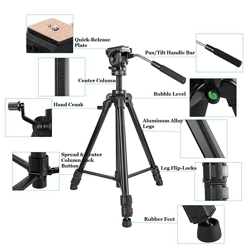 Video Tripod with Fluid Head  KINGJOY VT1500 Heavy Duty Camera Tripod Travel Tripod Aluminum Compatible for DSLR SLR Nikon Canon Sony Camcorder DV with Carry Bag