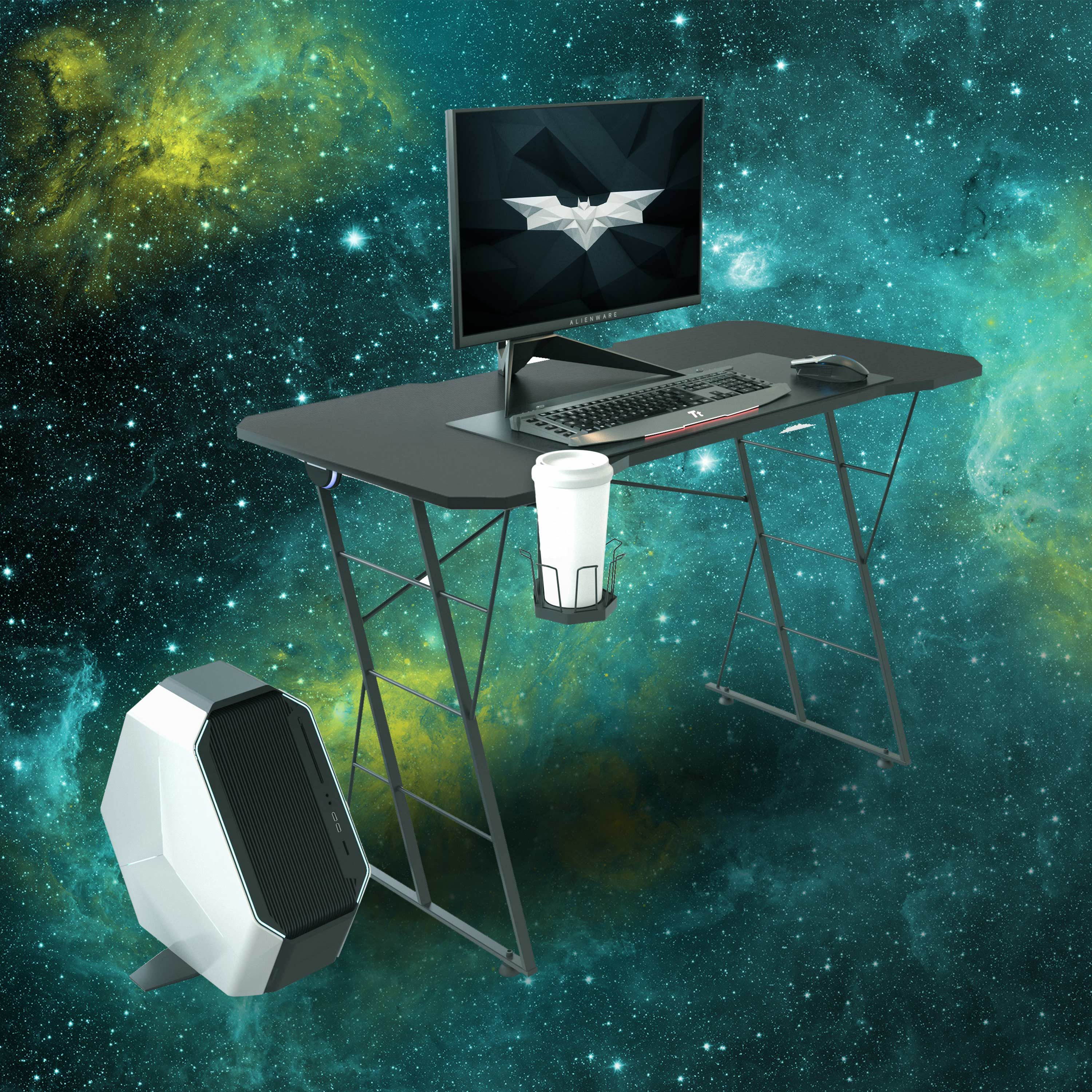 47.2 Inch Ergonomic Gaming Desk Home Office Desk Carbon Fiber Surface Computer Table E-sport Desk H-Shaped PC Desk with Monochrome Blue Light,Adjustable Table Leg Pad and Cup Holder