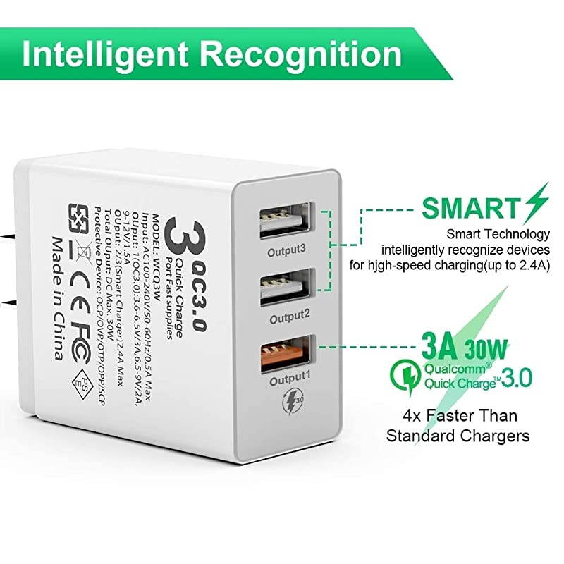 USB Quick Charger Wall Charger, 30W QC 3.0 Fast Charger 3 USB Port Wall Power Plug Adapter for iPhone Xs XS Max XR X 8 7 6 Plus, Galaxy S10 S9 S8 Edge Plus, Note 8 7, Nexus and More