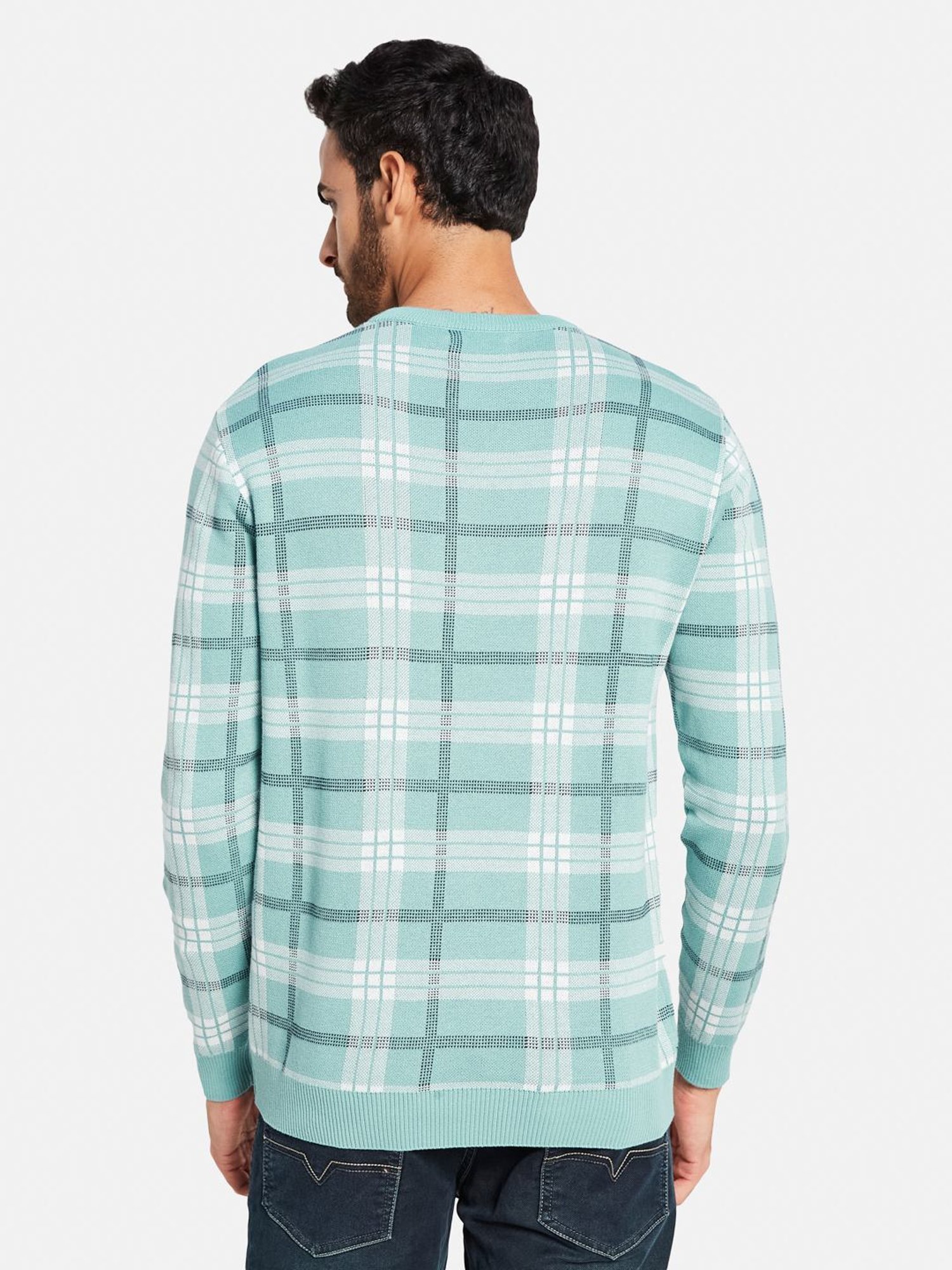 METTLE Light Teal Cotton Regular Fit Checks Sweater