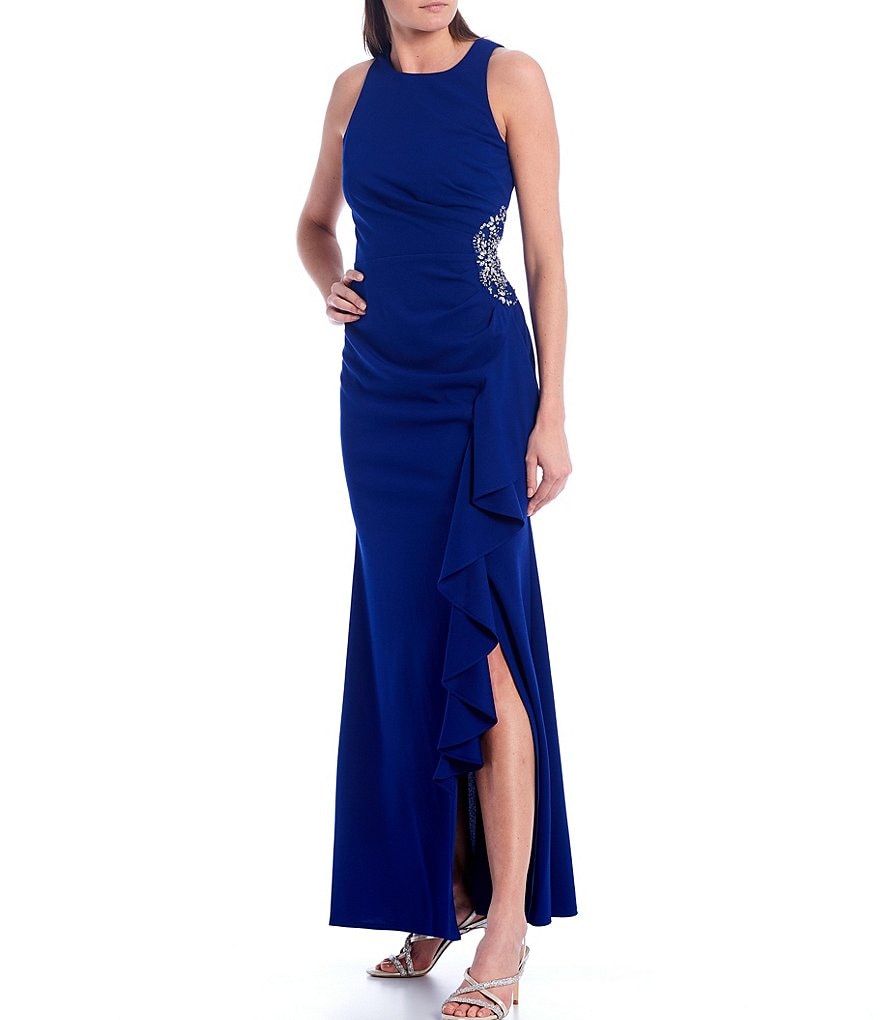 Ignite Evenings Sleeveless Embellished Side Ruffle Gown