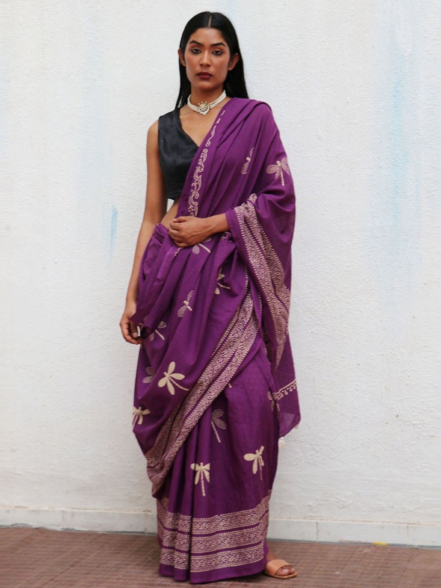 Chidiyaa Purple Fly Me to Moon Renaissance Handblockprinted Cotton Saree