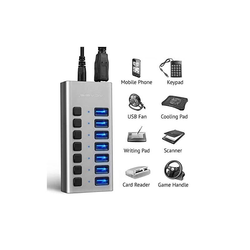 Powered USB Hub  7 Ports 36W USB 30 Data Hub with Individual OnOff Switches and 12V3A Power Adapter USB Hub 30 Splitter for Laptop PC Computer Mobile HDD Flash Drive and More