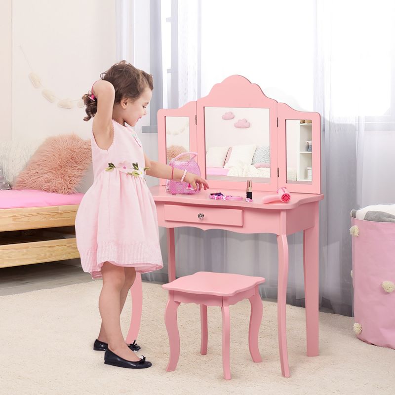 Costway Kids Vanity Table & Stool Princess Dressing Make Up Play Set for Girls Pink
