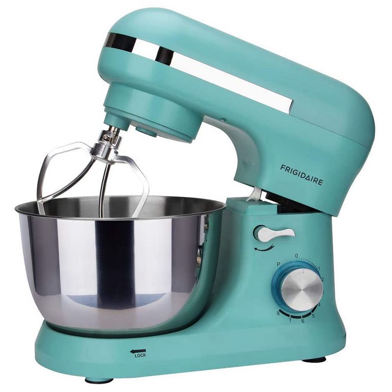 Frigidaire ESTM020-BLUE 4.5 Liter 8 Speed Electric Countertop Standalone Food Mixer with Bowl, Hook, Beater, and Whisk Attachment Accessories, Blue