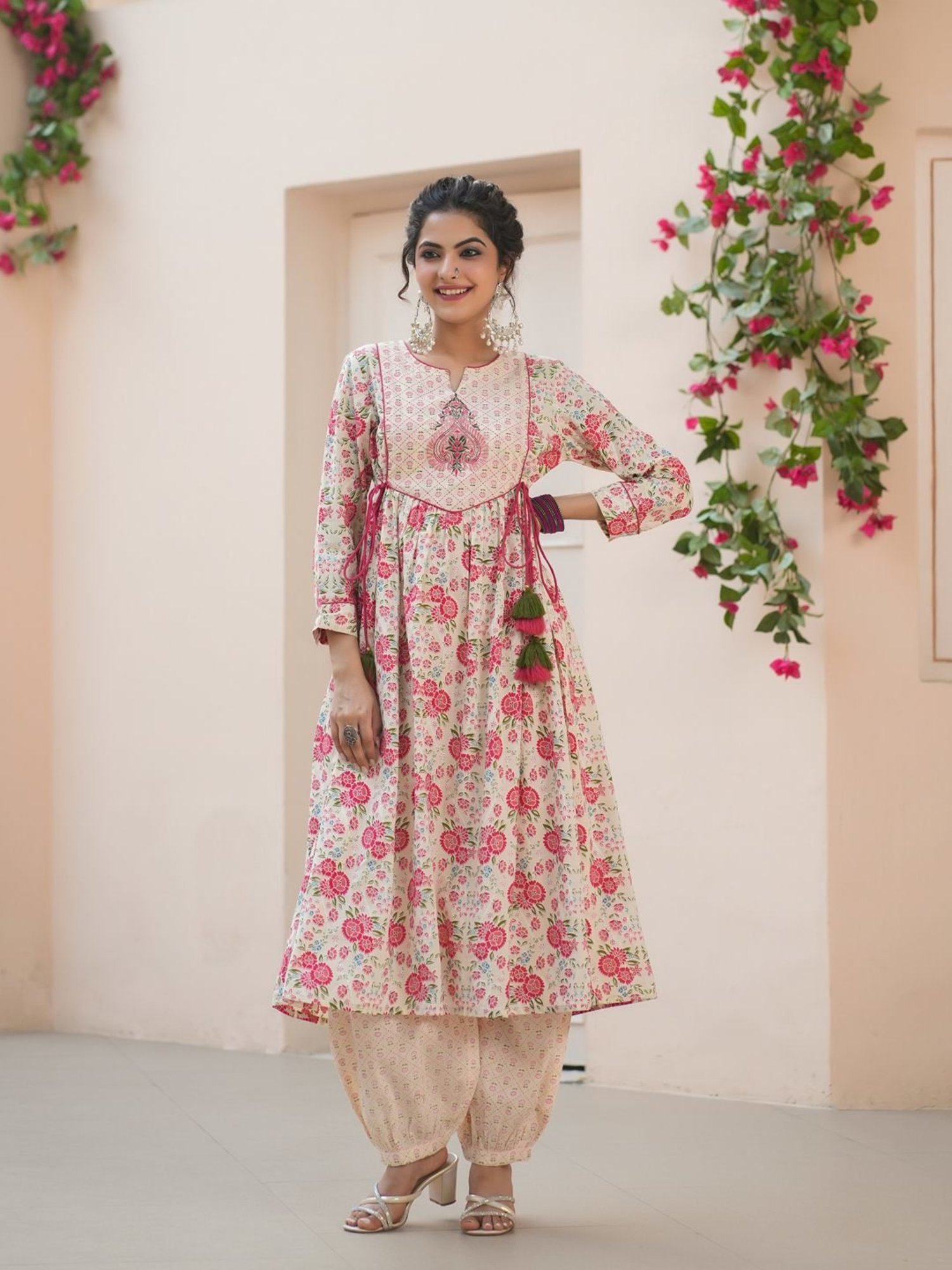 Rain and Rainbow Cream Cotton Embroidered Kurta & Salwar Set With Dupatta