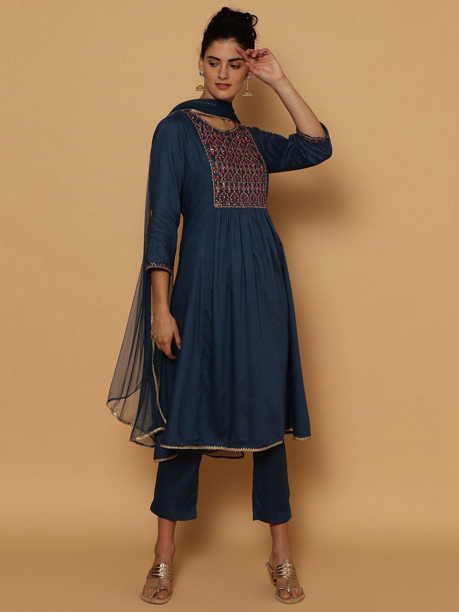 Biba Blue Embellished Kurta With Pant & Dupatta