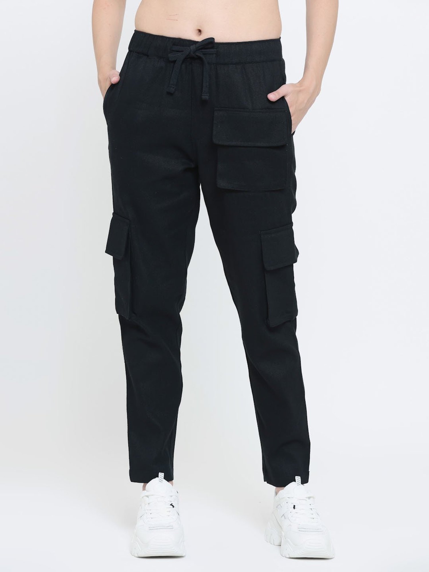 EVERDION Black Cotton Regular Fit Mid Rise Cargo Pants