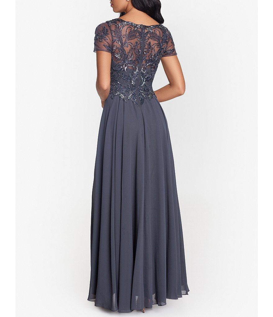 Jkara Chiffon Popover Beaded V-Neck 3/4 Capelet Sleeve Gown