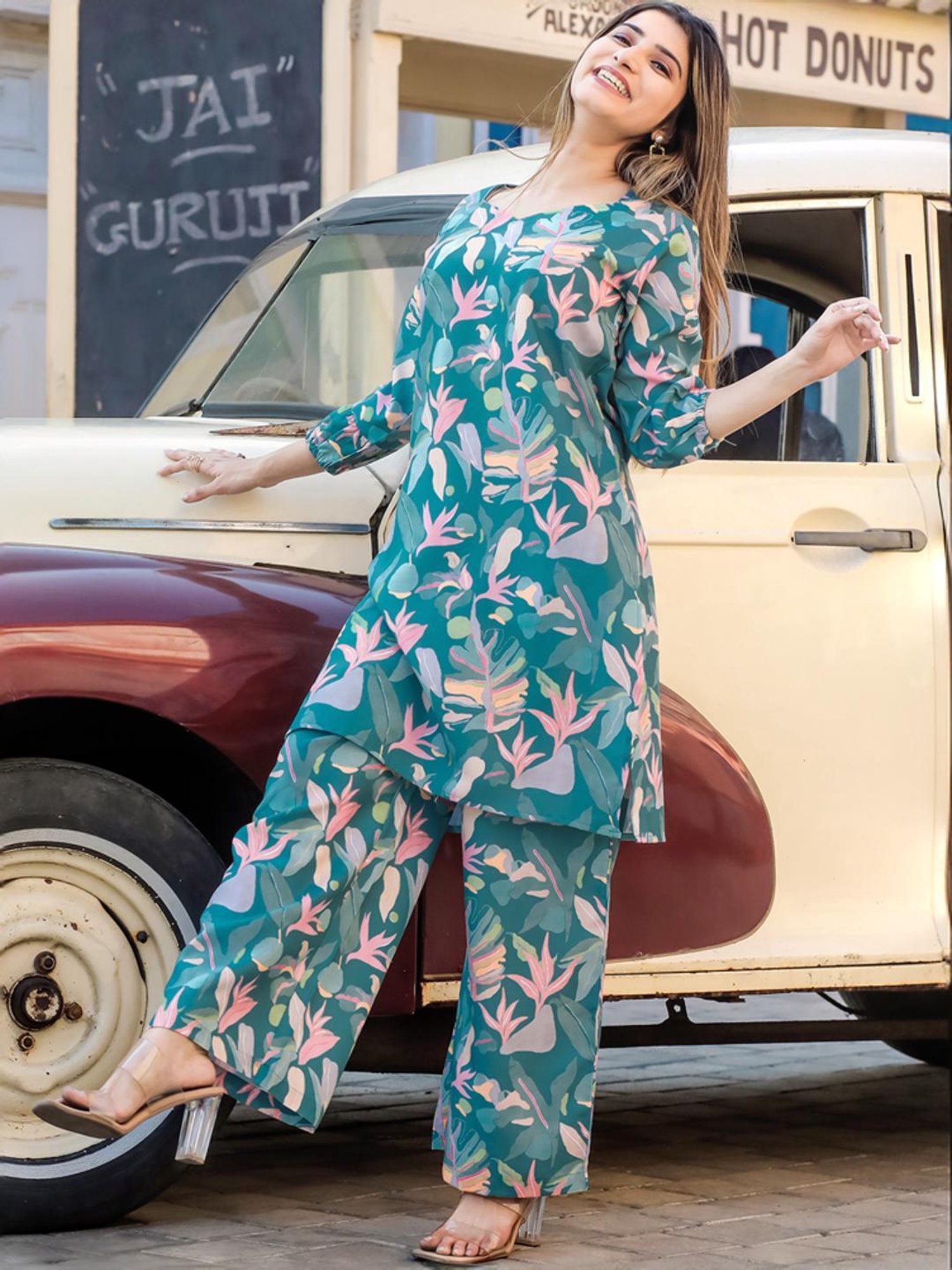 Odette Blue Floral Print Kurti Palazzo Set