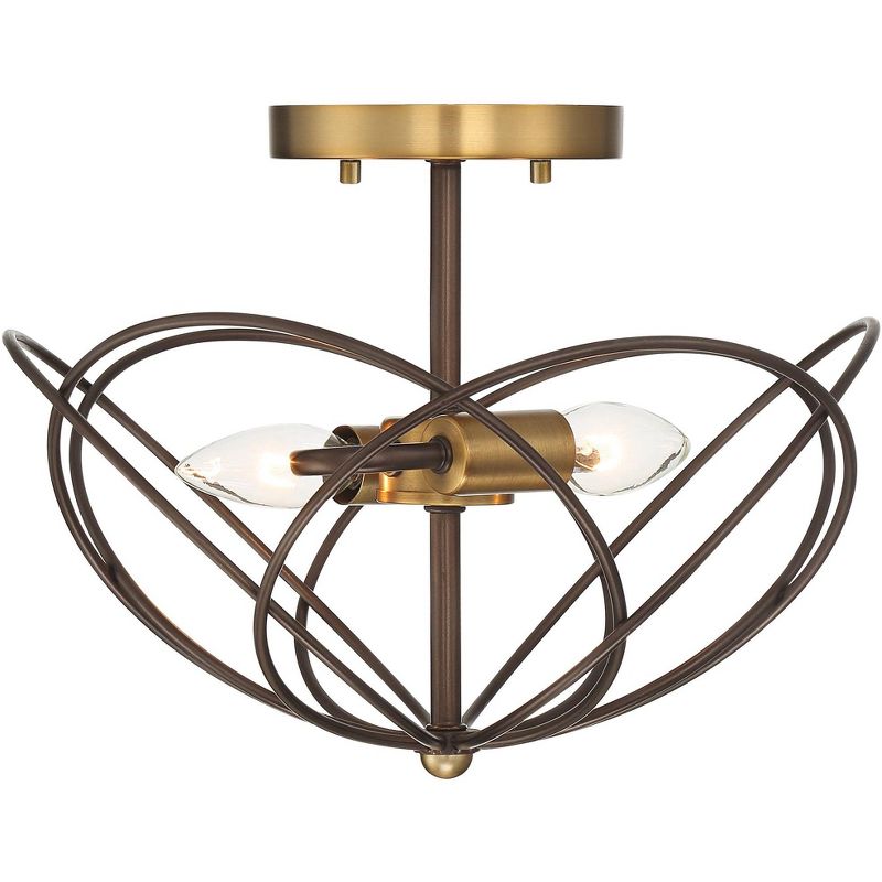 360 Lighting Mid Century Modern Ceiling Light Semi Flush Mount Fixture Bronze Warm Brass 13" Wide 2-Light Open Wire Caged Bedroom