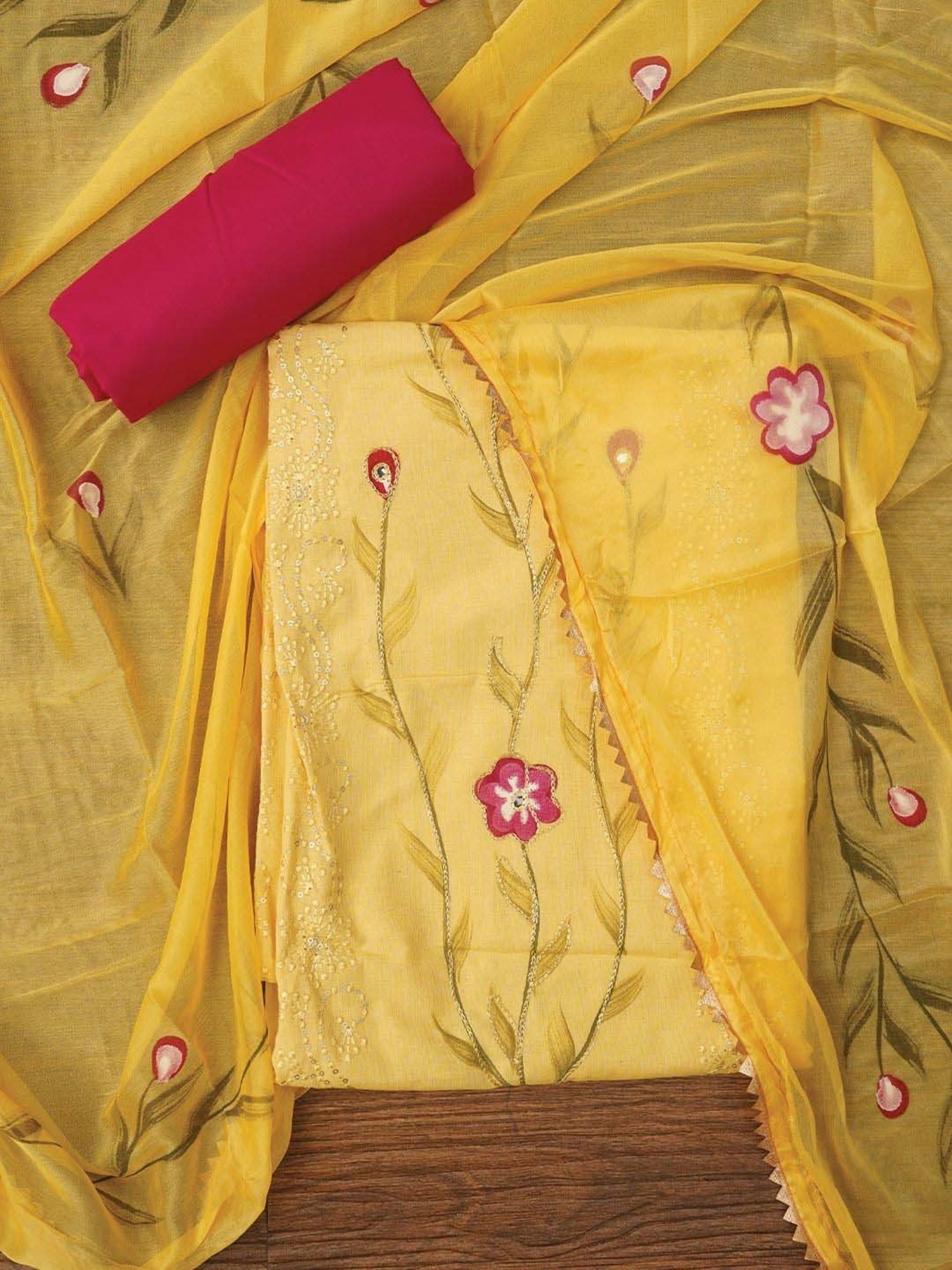 Jaipur Kurti Yellow Embroidered Unstitched Dress Material