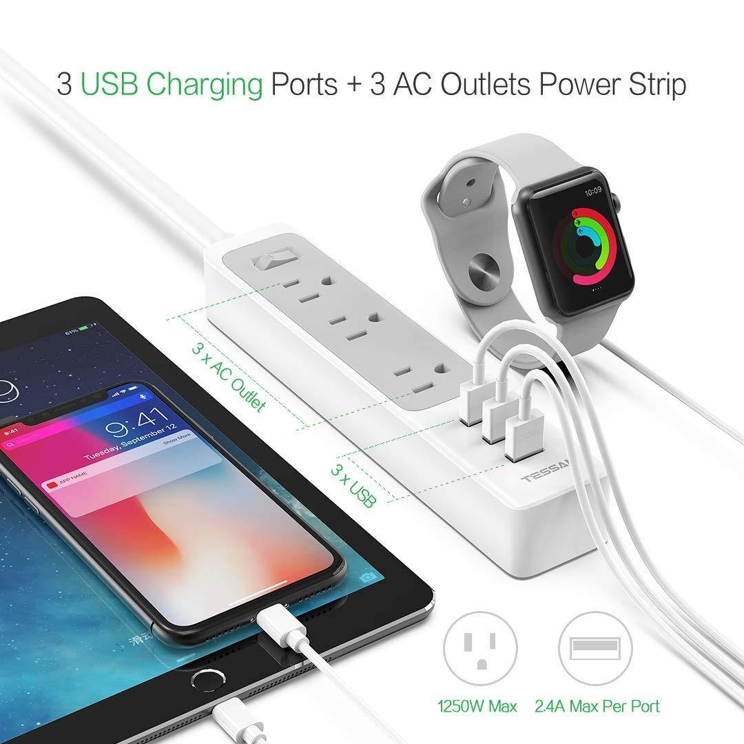 Flat Plug Power Strip with USB, TESSAN Slim Nightstand Desktop Charging Station with 3 USB Charger 3 Electrical Outlet, 5 ft Extension Cord Long Power Strip Mountable for Home, Office Dorm Essentials