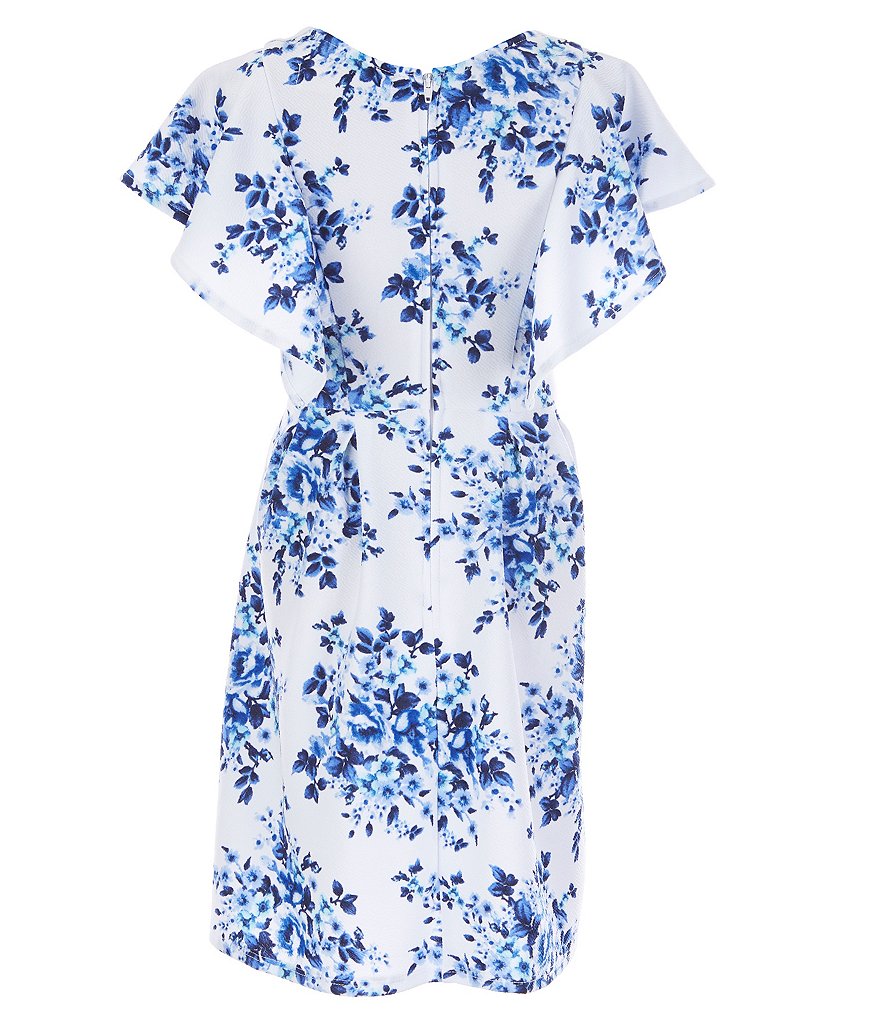 Poppies and Roses Big Girls 7-16 Ruffle-Sleeve Floral Pleated Fit-And-Flare Dress