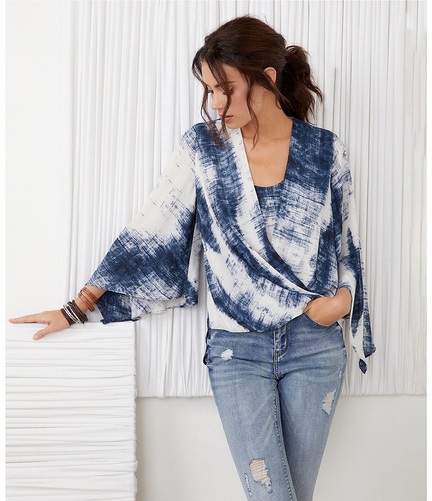 Karen Kane Angle Sleeve Abstract Print Crossover Top