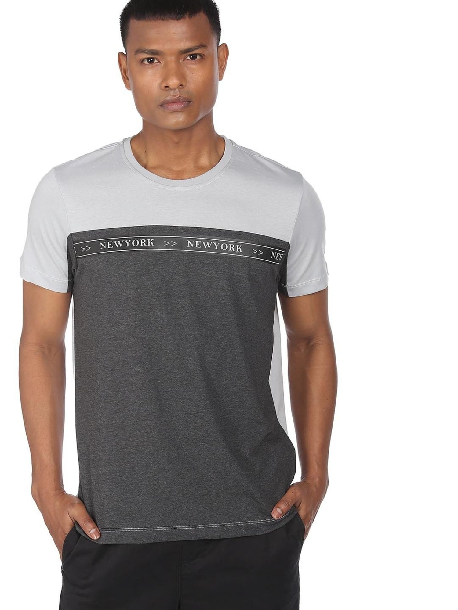 Arrow New York Grey Cotton Regular Fit Colour Block T-Shirt