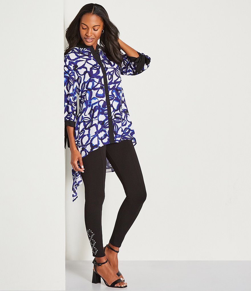 Slim Factor By Investments Tie Dye Floral Print Georgette Tie-Cuffs 3/4 Sleeve Hi-Low Button Down Tunic