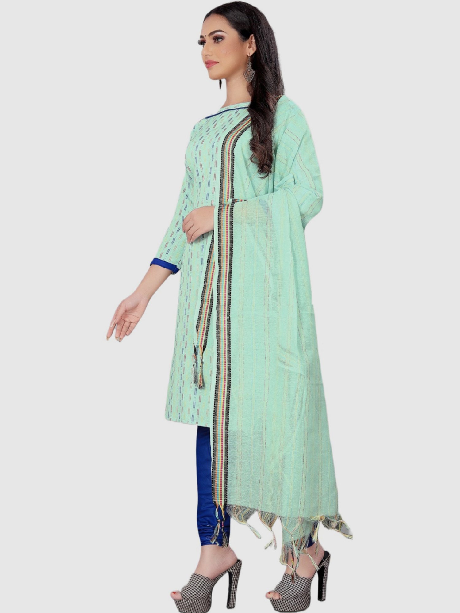 APNISHA Green & Blue Cotton Striped Unstitched Dress Material
