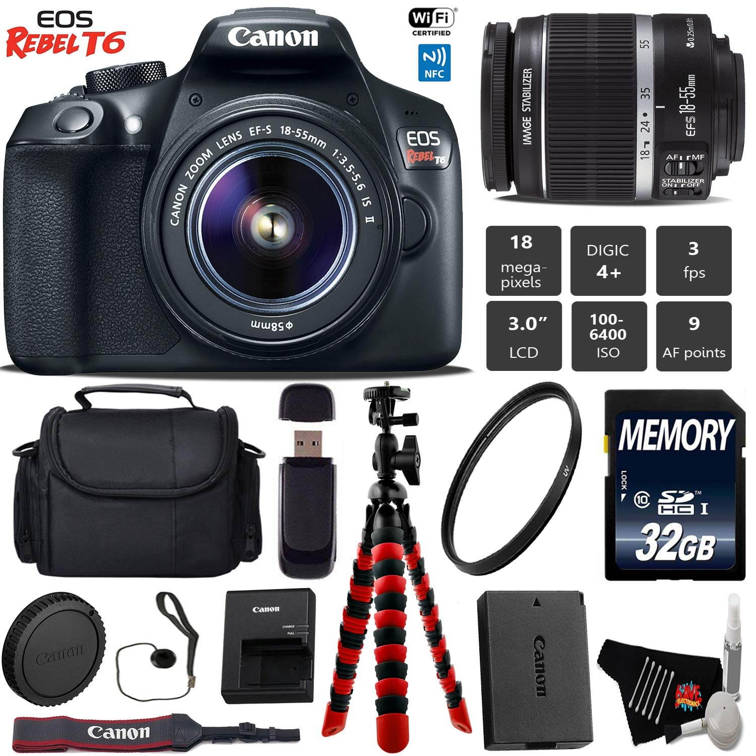 Canon EOS Rebel T6 DSLR Camera with 18-55mm IS II Lens + Flexible Tripod + Card Reader + UV Protection Filter + Professional Case + Bundle (Intl Model)