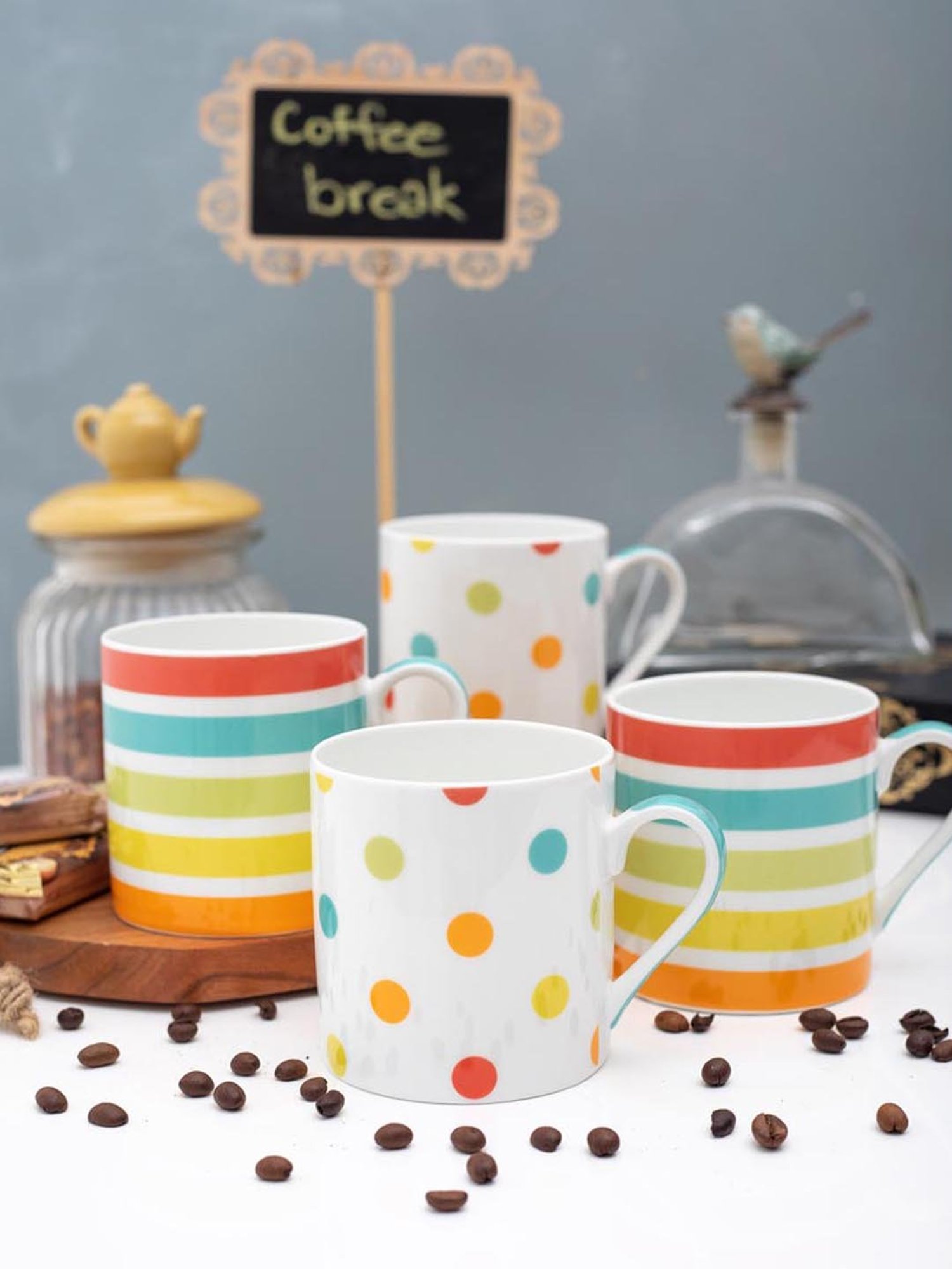 Goodhomes Multicolor Bone China Coffee Mugs (350 ml) - Set of 4