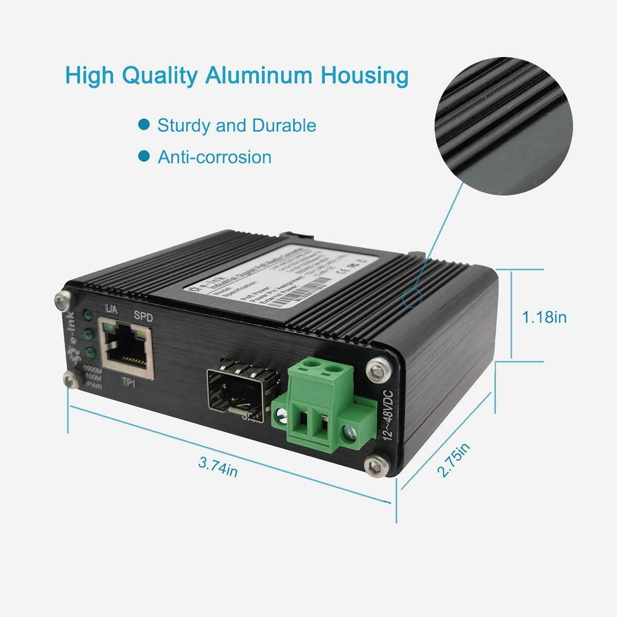 Mini Industrial Gigabit Media Converter Outdoor Use Din Rail Mount Hardened 10/100/1000Mbps RJ45 Ethernet to Fiber Optic Converter with 100Base-FX or 1000Base-FX Auto Sensing SFP Port 12~48V DC Input