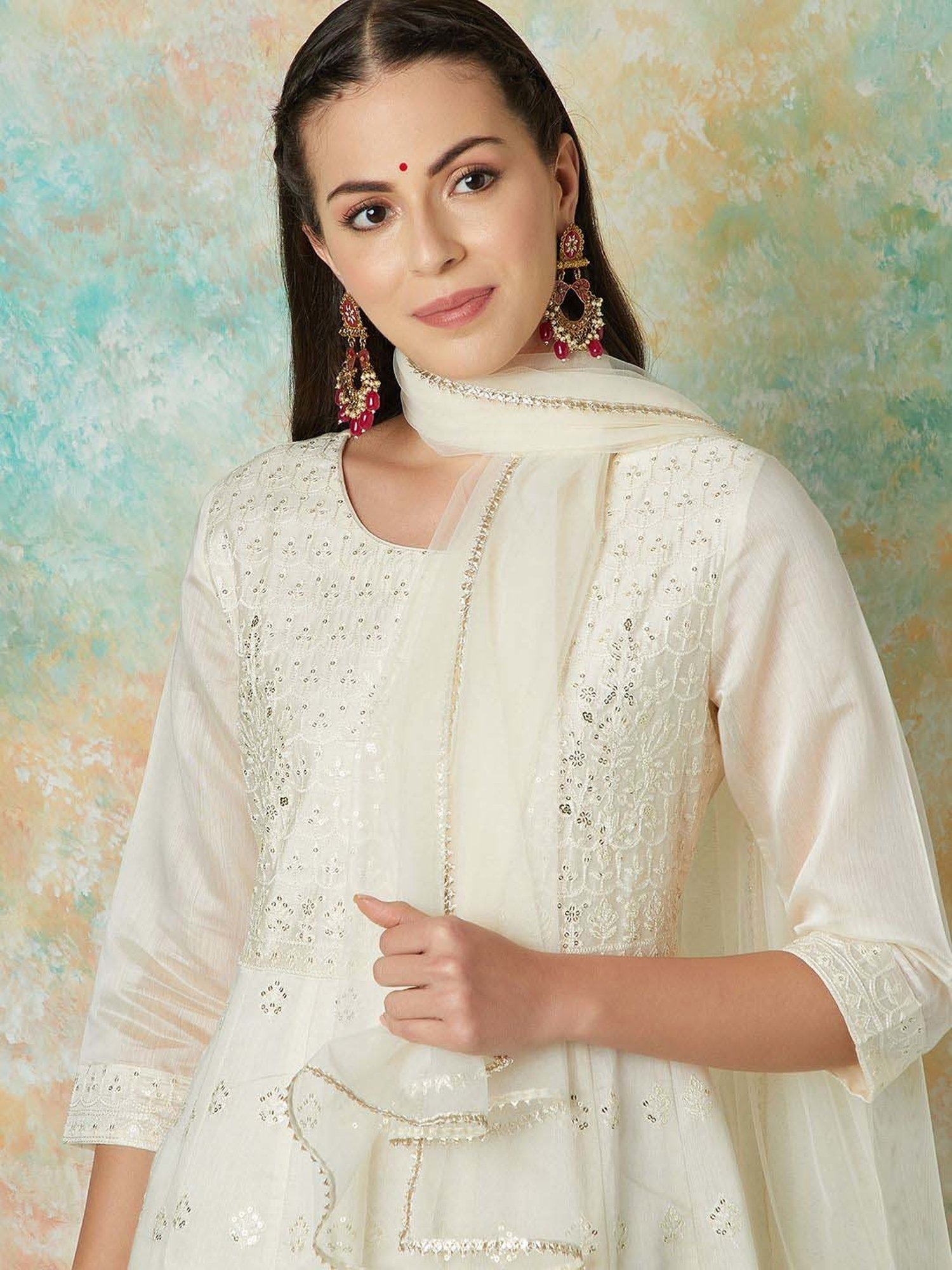 Melange by Lifestyle Off White Embroidered Kurta & Pant Set With Dupatta