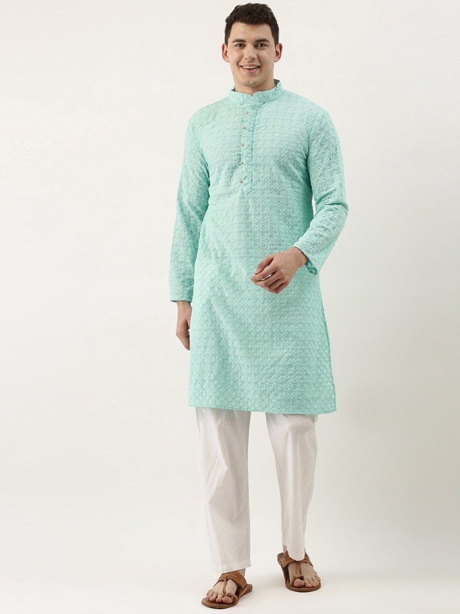 SWAGG INDIA Turquoise Cotton Regular Fit Embroidered Kurta