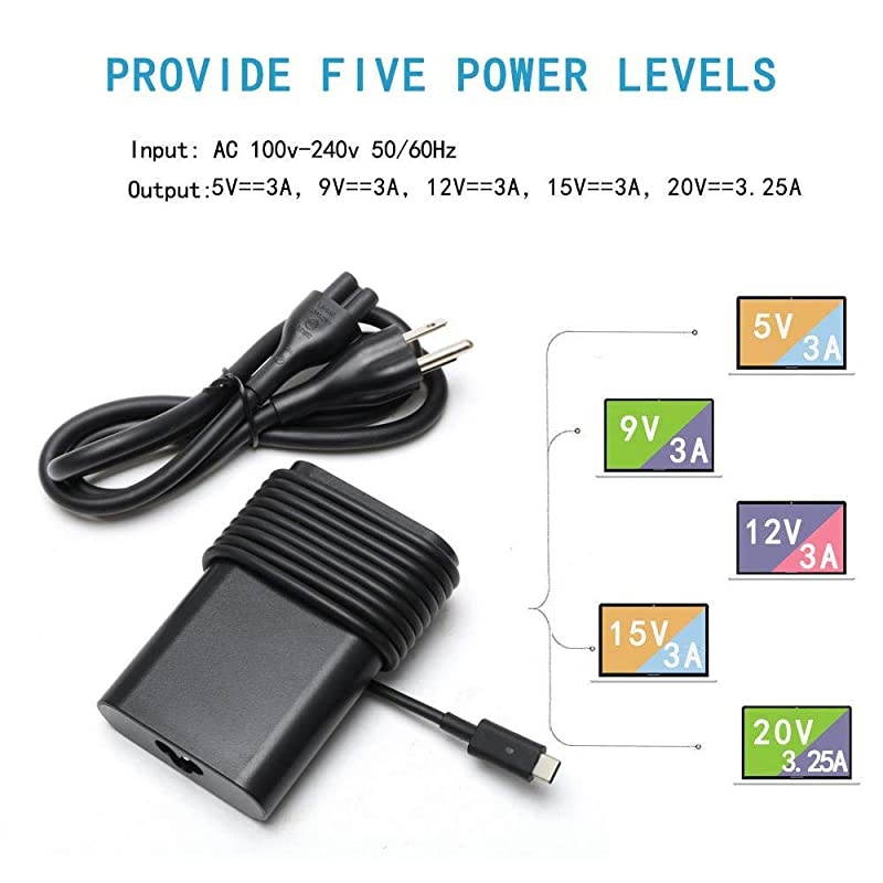 Type C (USB-C) Adapter Charger Fit for Dell Latitude 12 5285 5289 5290 7212 7275 7285 7290, XPS 13 9350 9360 9365 9370 LA65NM170 2YKOF Include Power Cord