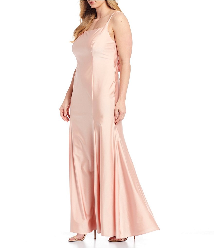 Morgan & Co. Plus Spaghetti Strap Square-Neck Bow Tie-Back Satin Long Dress
