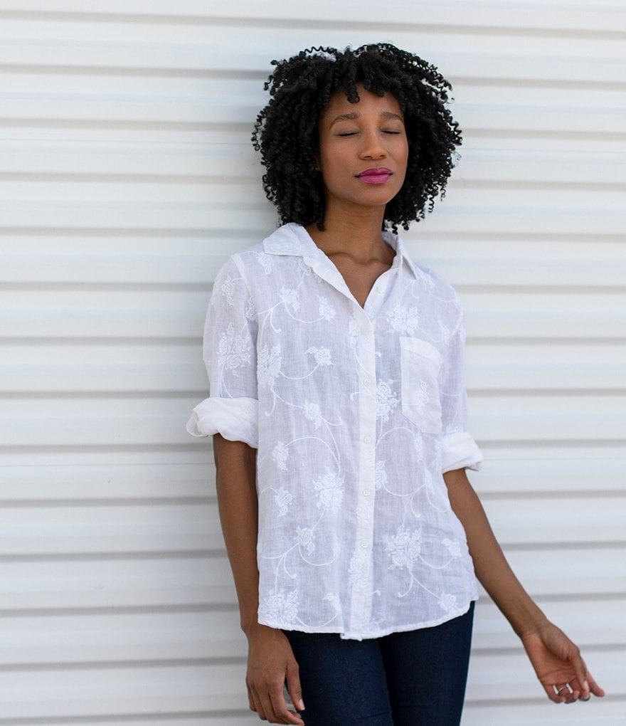 Karyn Seo Delilah All-Over Vintage Tonal Embroidered Roll-Tab Sleeve Button Down Linen Shirt