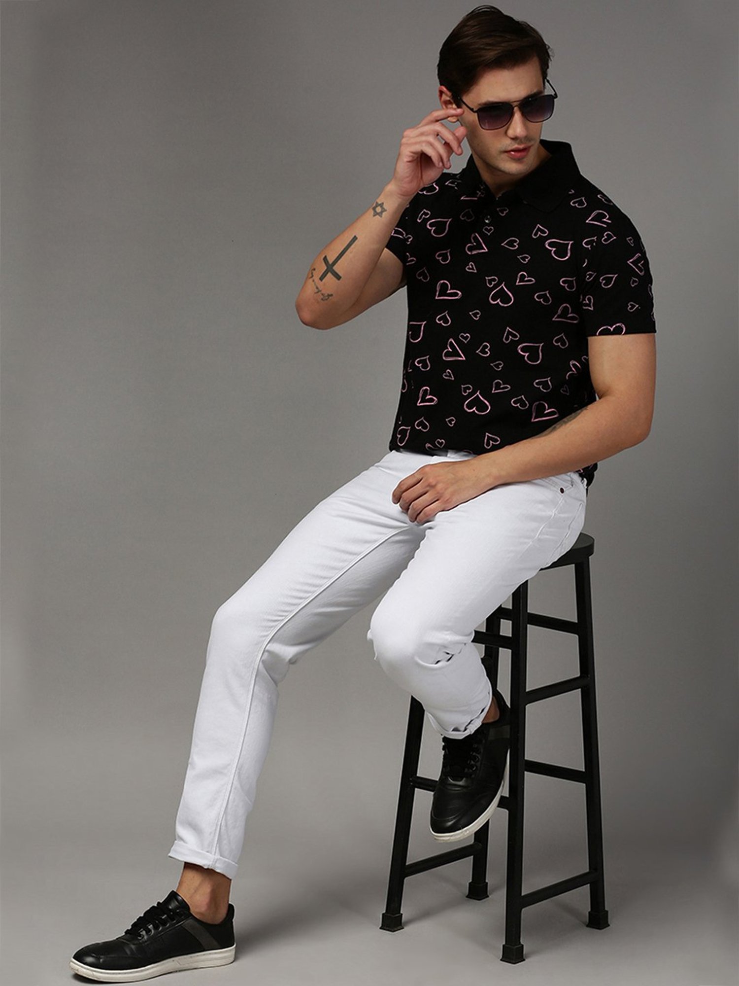 Kryptic Black Regular Fit Printed Polo T-Shirt