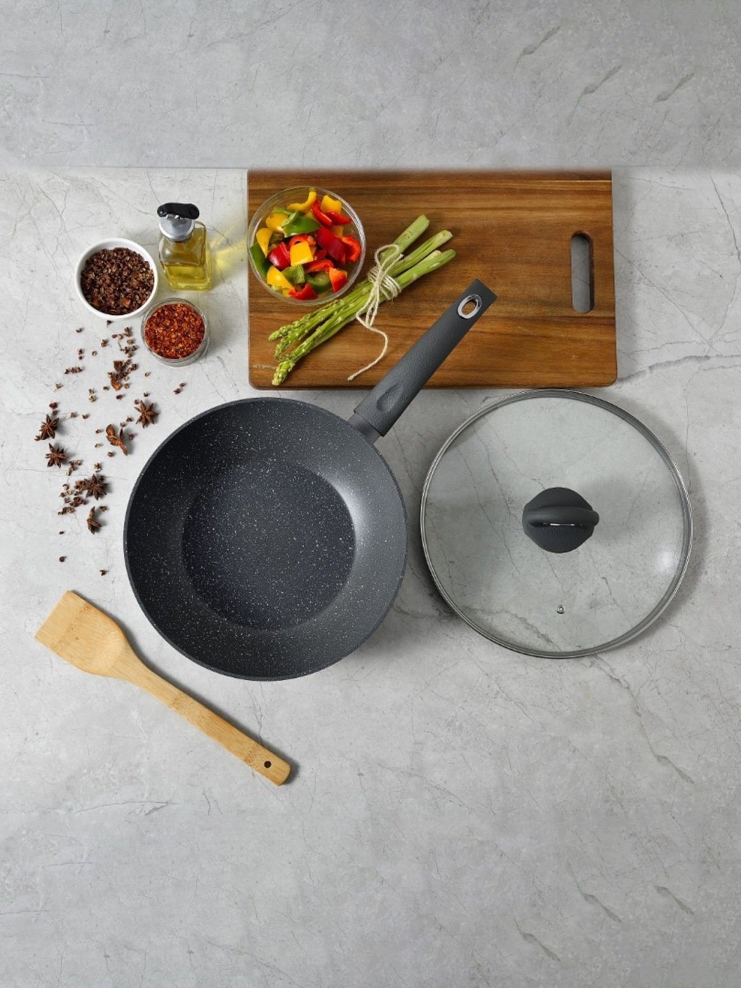 Bergner Orion Marble Non Stick Grey Aluminium Induction Base Kadhai with Glass Lid - 28cm