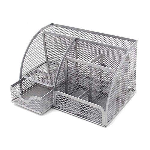 VANRA Office Supply Caddy Metal Mesh Desktop Supplies Organizer School Supply Holder Stuff Storage Organizer 6 Compartments with Drawer (Silver)