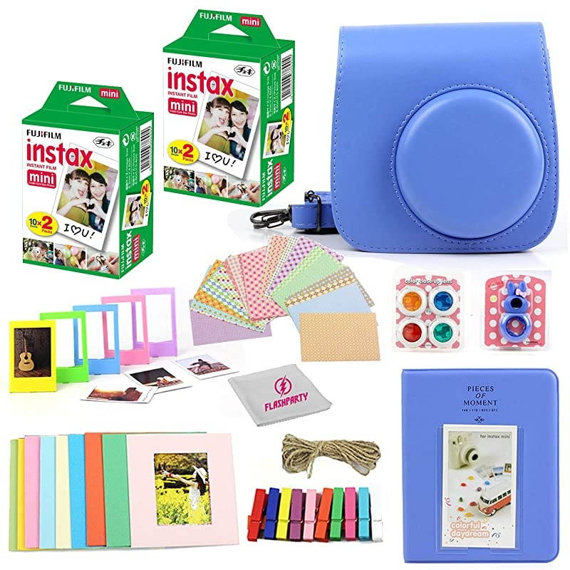 Instax Mini Instant Film Two Twin Packs (40 Sheets) + Protective Case + 40 Sticker Frames + Picture Frames + Photo Album + Microfiber Cleaning Cloth + More Accessories (Cobalt Blue)