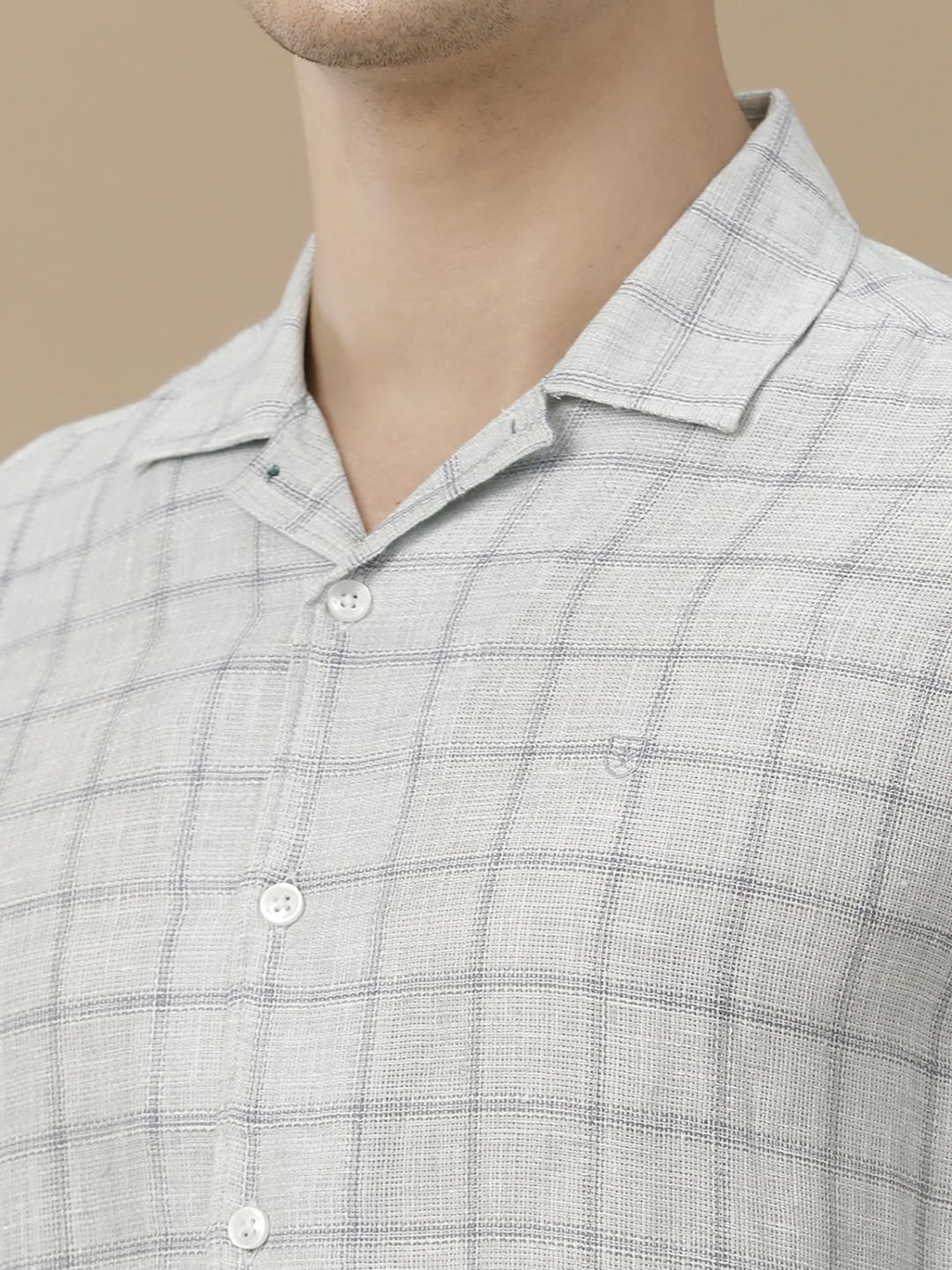 Linen Club Grey Linen Contemporary Fit Checks Shirt