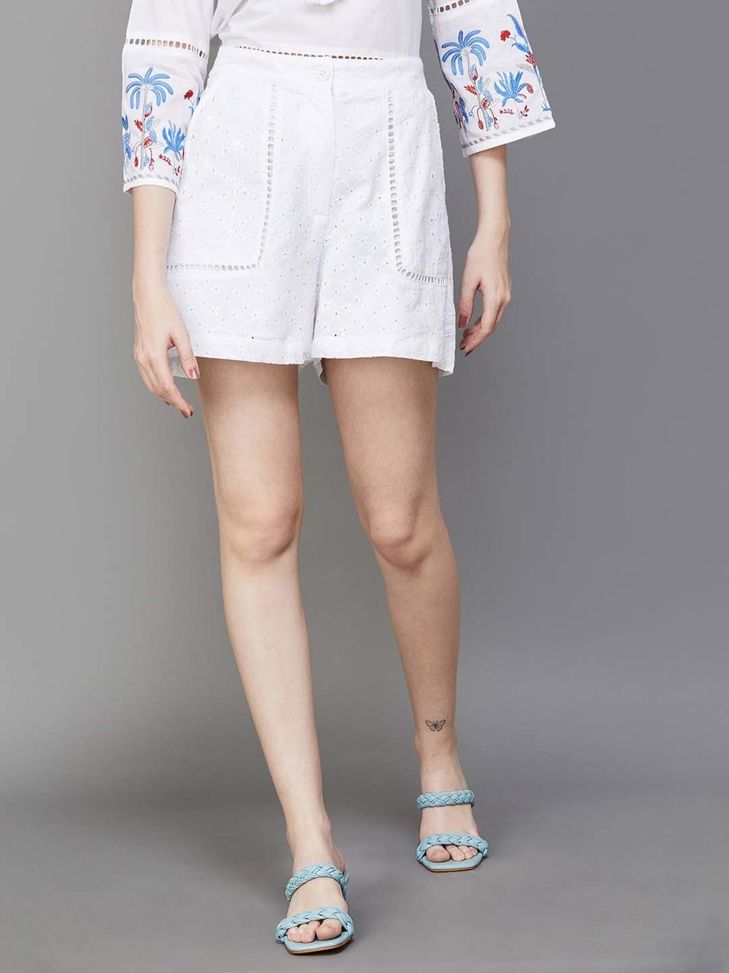 Colour Me by Melange White Cotton Self Pattern Shorts