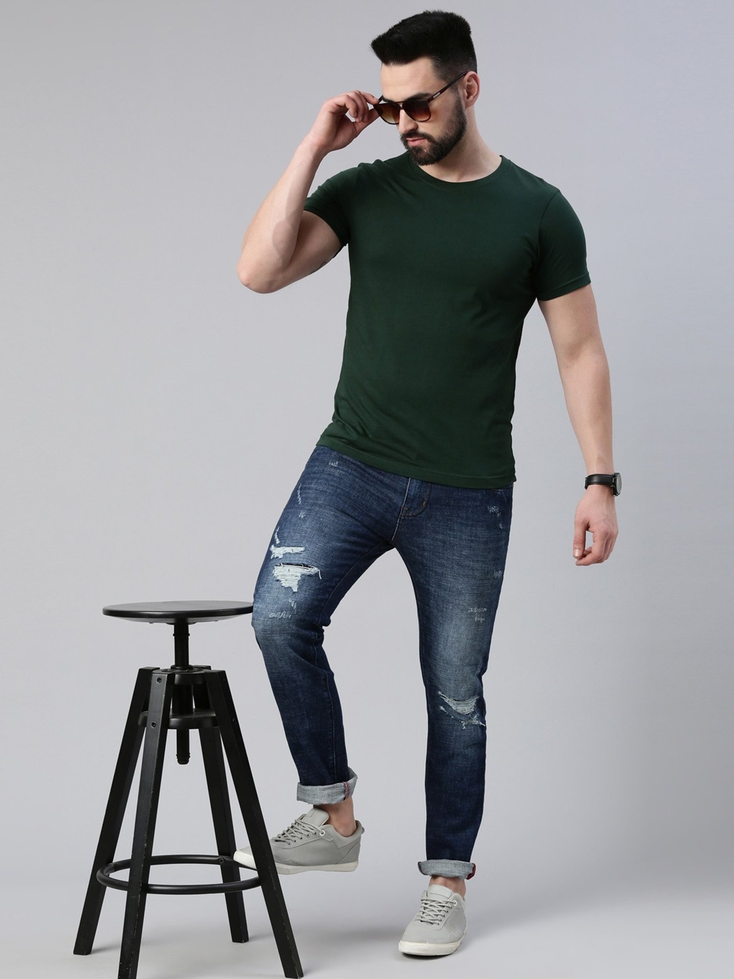 CINOCCI Blue Cotton Slim Fit Distressed Jeans
