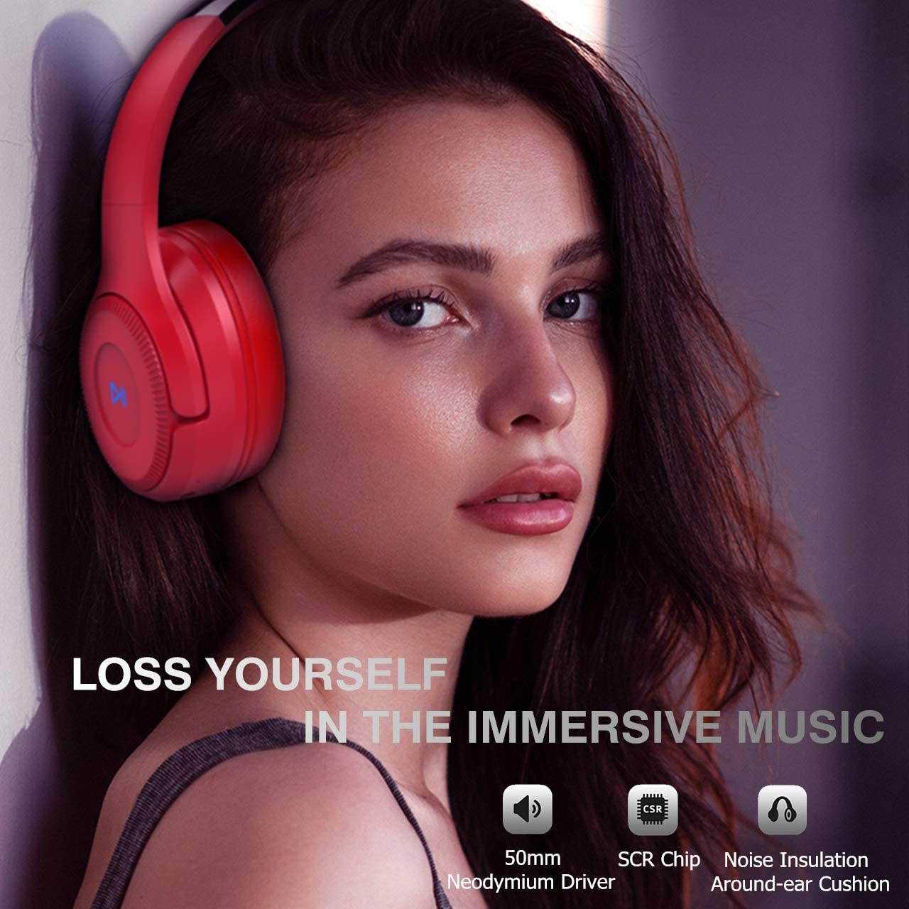H2 Bluetooth Headphones Over EarDual 50mm Drivers HiFi Stereo Wireless Headphones Noise Cancelling Wireless Over Ear Headset with Mic and WiredTF Card Mode for Cell Phones/PC/TV - Red