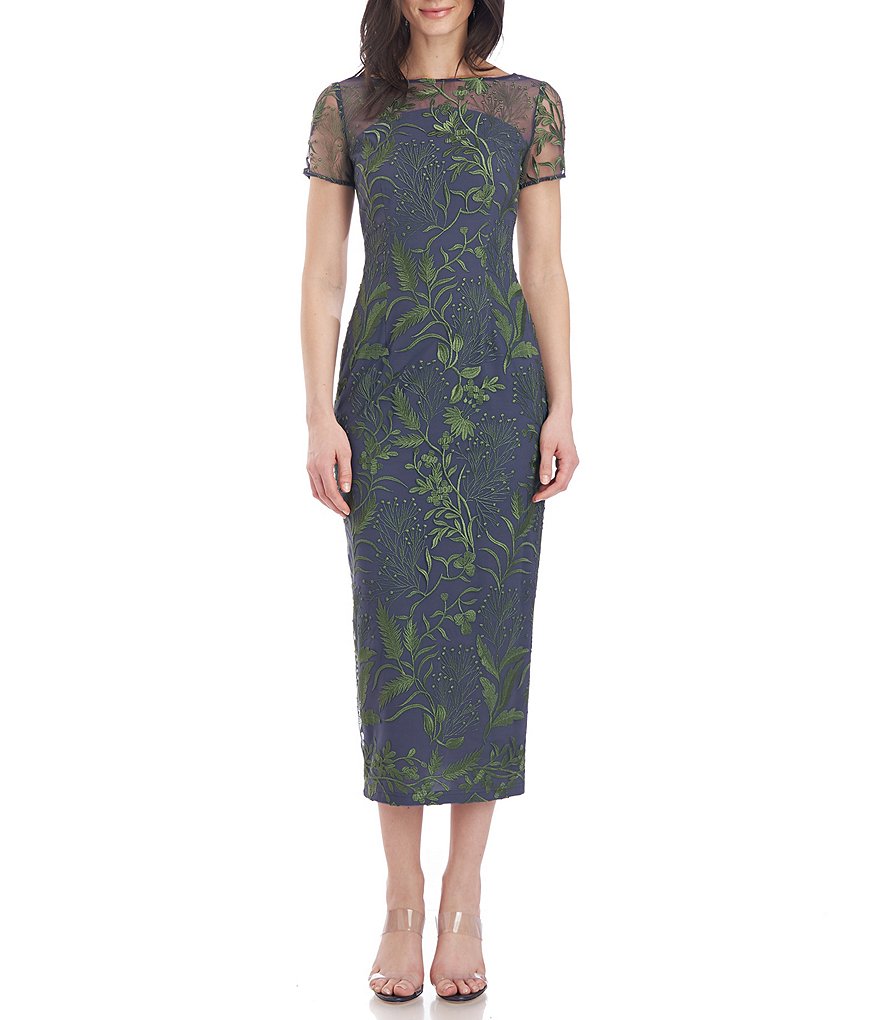 Marina Sequin Lace Round Neck 3/4 Sleeve Sheath Dress