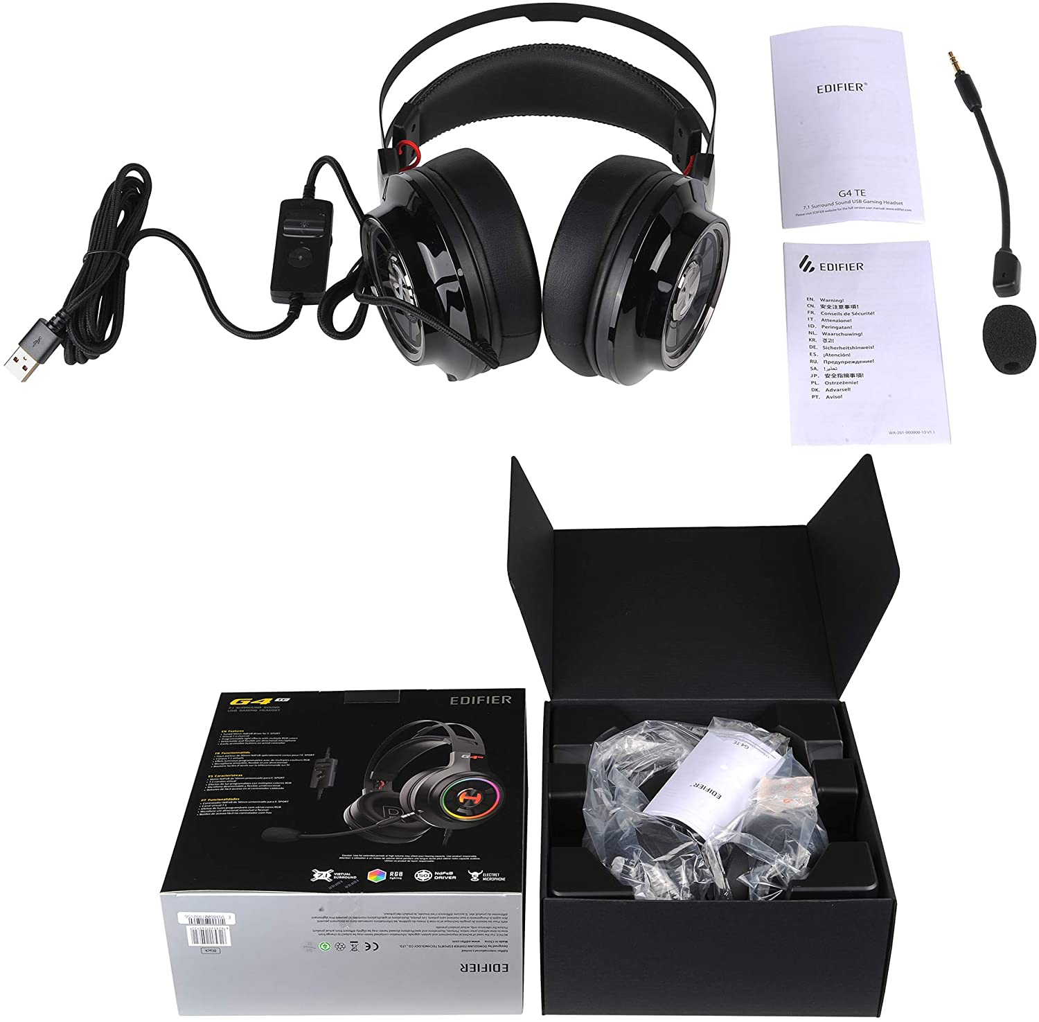 Edifier G4 TE Gaming Headset for PC, PS4, 7.1 Surround Sound Gaming Headphones with Noise Canceling Microphone, USB Over-Ear Headphone Wired with RGB Light, 50mm Driver for Mac, Laptop,Black