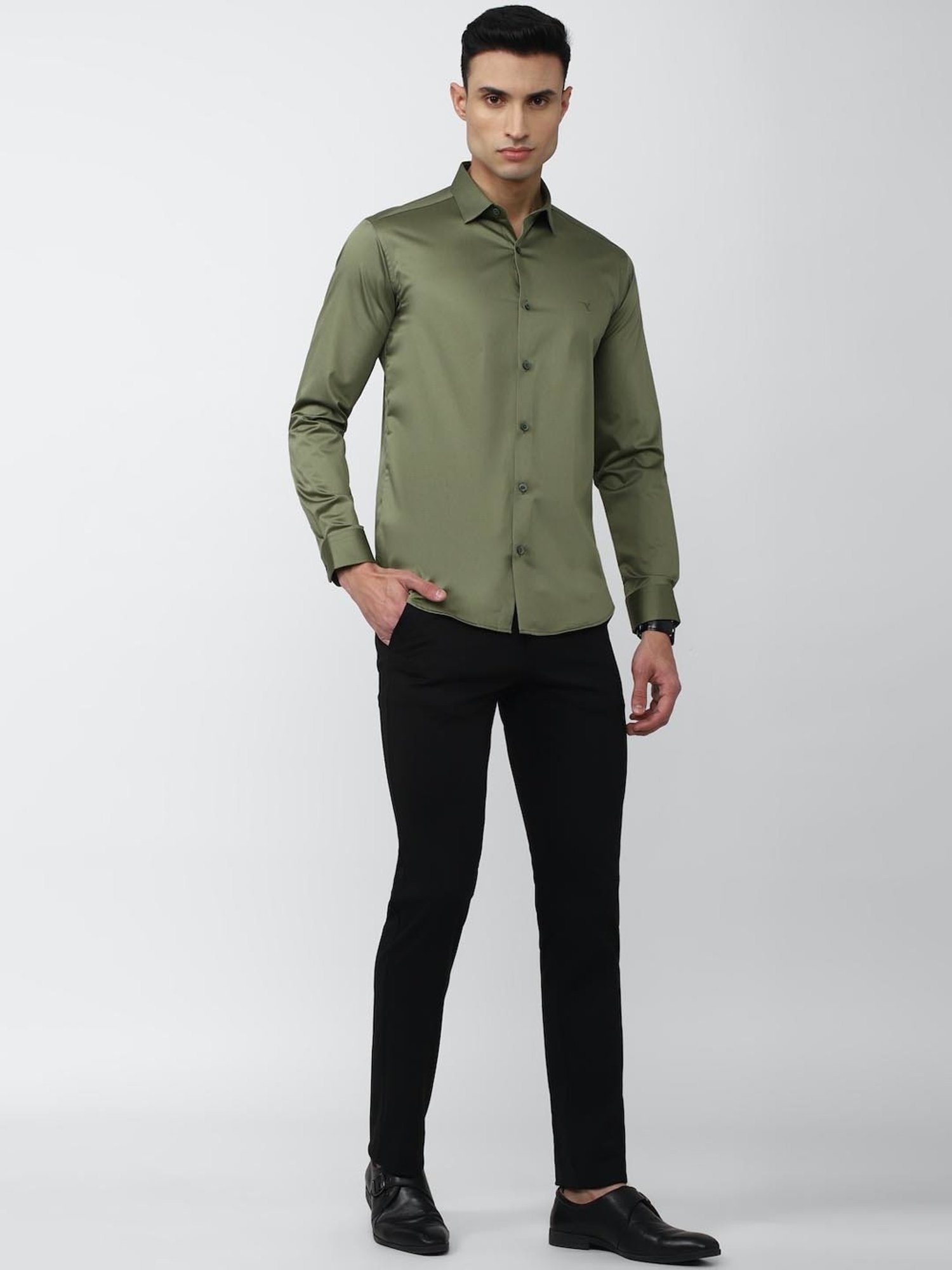 V Dot Green Cotton Slim Fit Shirt